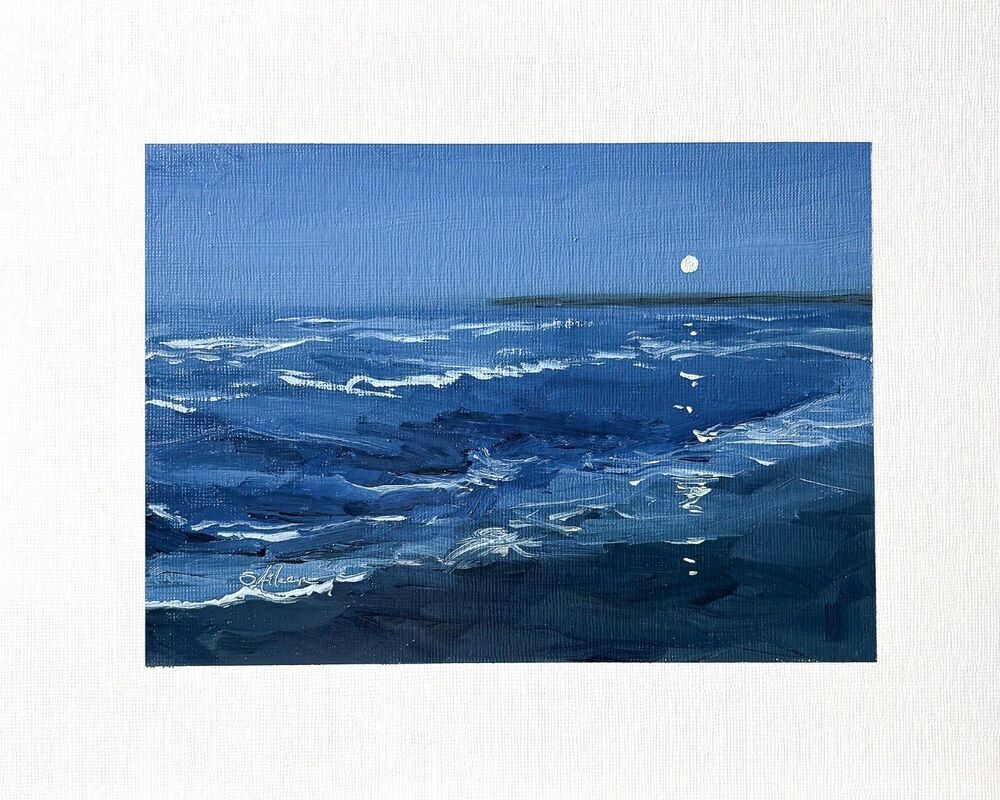 8x10 Original Oil Painting Seascape Nocturne Moon Ocean Waves Deep Blue Signed
